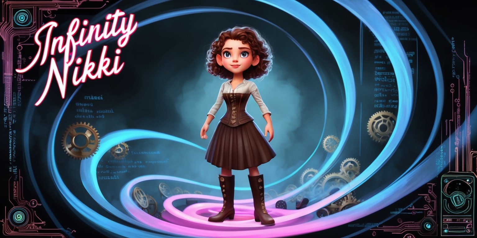 A whimsical digital illustration of a heroine named Nikki standing amidst a swirling vortex of infinite loops, surrounded by snippets of code, gears, and clockwork mechanisms, blending steampunk and futuristic elements, with a subtle glow of neon pinks and blues, set against a dark, misty background, evoking a sense of mystery and wonder, Nikki's facial features are delicate, with bright, inquisitive eyes, curly brown hair, and a determined expression, wearing a leather corset, long skirt, and boots with brass buttons, with the words Infinity Nikki emblazoned in bold, cursive script, reminiscent of old-fashioned video game logos, in the top-left corner, with subtle, glowing circuitry patterns and intricate details throughout the illustration.