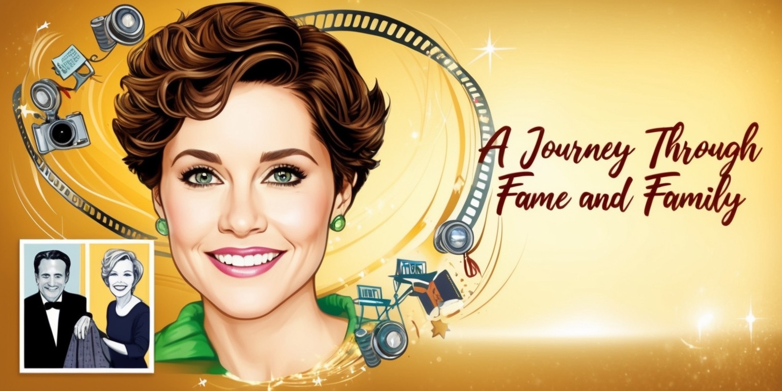 A vibrant, colorful illustration depicting Jamie Lee Curtis's life journey, set against a warm, golden background that evokes a sense of nostalgia and glamour. Jamie Lee Curtis, with her signature short, curly brown hair, piercing green eyes, and radiant smile, takes center stage, surrounded by subtle, swirling patterns of film reels, cameras, and director's chairs, symbolizing her illustrious career in Hollywood. To her left, a smaller, faded image of her parents, Tony Curtis and Janet Leigh, pays homage to her family roots, while to her right, a faint outline of a child and a book represents her role as a mother and children's author. The title A Journey Through Fame and Family is emblazoned across the top in bold, cursive script, with the words Jamie Lee Curtis written in a simpler, yet elegant font at the bottom of the image, accompanied by a few strategically placed, shimmering stars to signify her enduring star power.