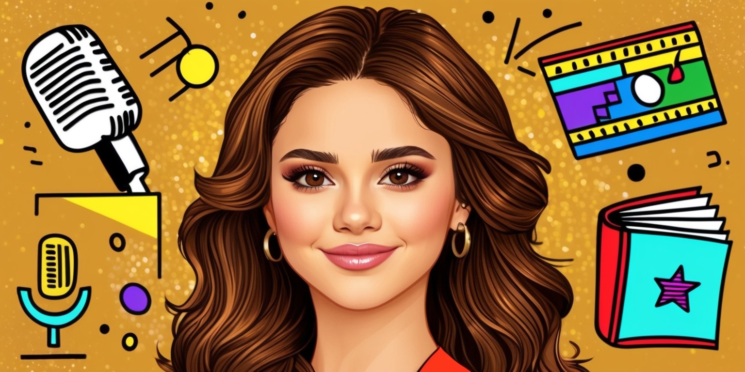 A vibrant, stylized illustration showcasing Selena Gomez's illustrious career, set against a warm, golden background with subtle glittering particles. The American singer and actress is prominently featured in the center, with a gentle, enigmatic smile and expressive, dark brown eyes. Her skin has a radiant, sun-kissed glow, and her hair is a rich, chestnut brown, flowing in loose waves down her back. Surrounding her are iconic elements and symbols representing her various projects, including a microphone for her music, a film strip for her movies, and a book for her humanitarian work. These elements are stylized with bold lines, bright colors, and geometric shapes, blending seamlessly into the background. The overall aesthetic is playful, youthful, and celebratory, capturing the essence of Selena Gomez's diverse and accomplished career. The illustration style is reminiscent of pop art, with bold, graphic lines and vivid colors, evoking a sense of energy, creativity, and joy.