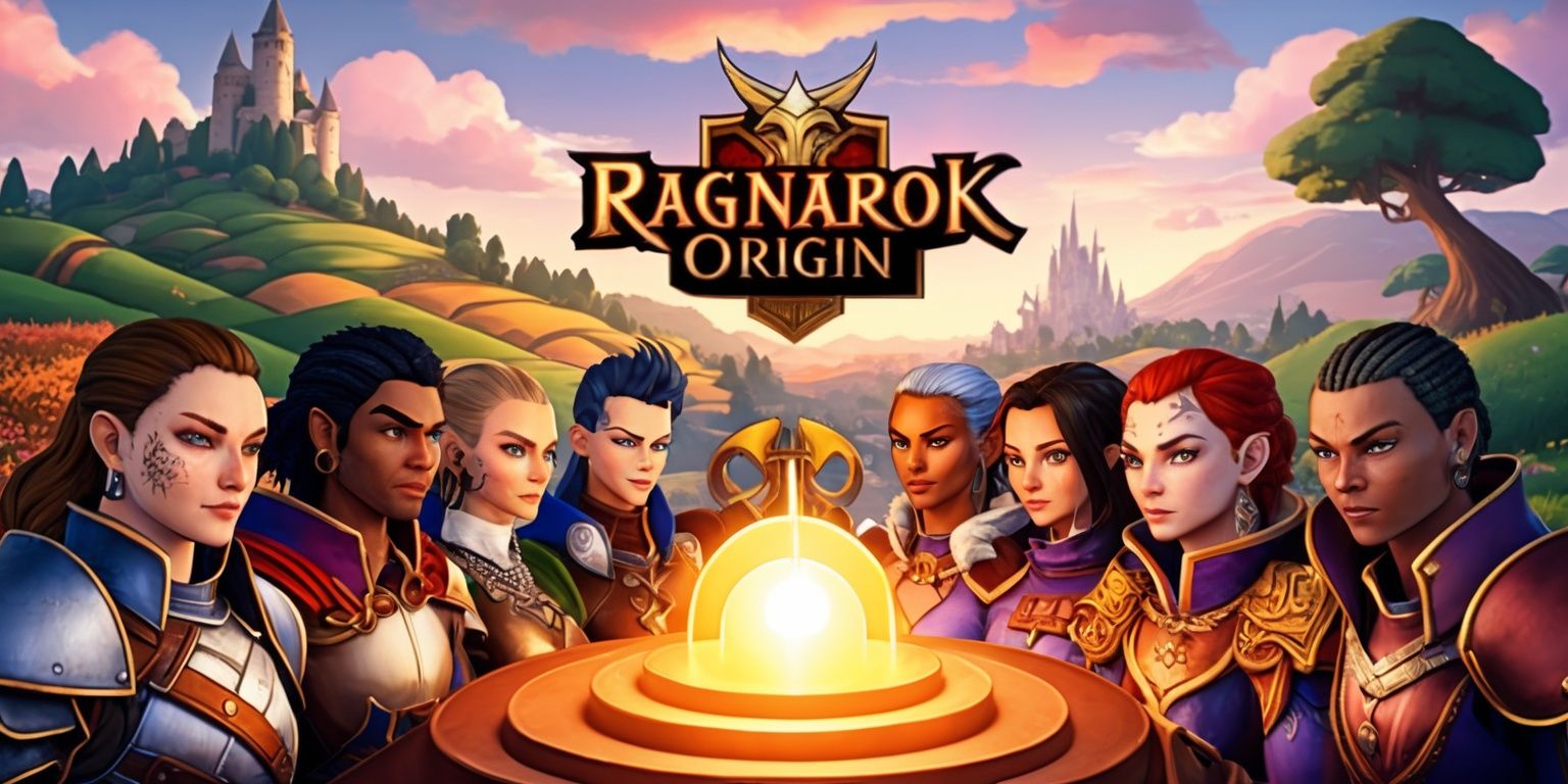 A classic MMORPG game scene from Ragnarok Origin, featuring a beautifully designed medieval-inspired landscape with rolling hills, towering trees, and a distant castle, set against a warm and inviting sunset backdrop with hues of orange, pink, and purple, the color palette is vibrant and rich, with intricate details on character armor, weapons, and facial features, the game's logo is prominently displayed in a bold, golden font with serif edges, at the center of the image, a group of adventurers with diverse skin tones, hairstyles, and unique attributes, such as piercings, tattoos, and elaborate costumes, are gathered around a glowing portal, their facial expressions determined and ready for battle, the overall style is reminiscent of traditional fantasy artwork with a mix of realistic and stylized elements.