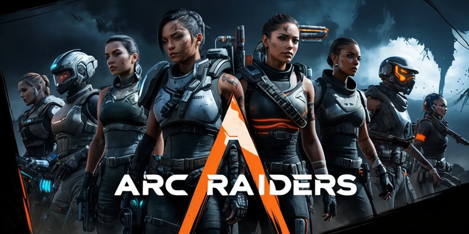A futuristic sci-fi scene depicting a group of arc raiders from the game, with detailed character designs, showcasing a mix of sleek armor and rugged equipment, set against a dramatic backdrop of a ravaged planet with a dark and ominous sky, the characters' facial features are determined and focused, with a variety of skin colors and unique attributes such as scars, tattoos, and futuristic implants, the color palette is predominantly dark and gritty with flashes of neon blue and orange, the style is highly detailed and realistic, with a dynamic layout and framing that emphasizes the characters' sense of movement and action, the game's logo is prominently displayed in a bold, metallic font with a stylized arc symbol.