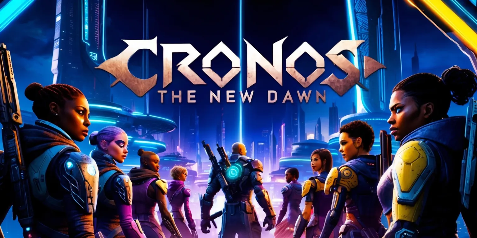 A futuristic scene depicting the Cronos: The New Dawn game, set in a dystopian cityscape with sleek skyscrapers and neon lights, the color palette is dominated by shades of blue and purple, with accents of bright orange and yellow, the game's logo is prominently displayed in bold, metallic letters, with a stylized font and sharp edges, in the foreground, a group of characters with diverse facial features and skin colors, each with unique attributes, such as futuristic armor, advanced weapons, and cybernetic enhancements, are shown standing together, looking out towards the city, with a sense of determination and hope, the atmosphere is tense and dramatic, with a focus on action and adventure, the overall style is reminiscent of a sci-fi movie poster, with bold lines, vibrant colors, and a dynamic composition.