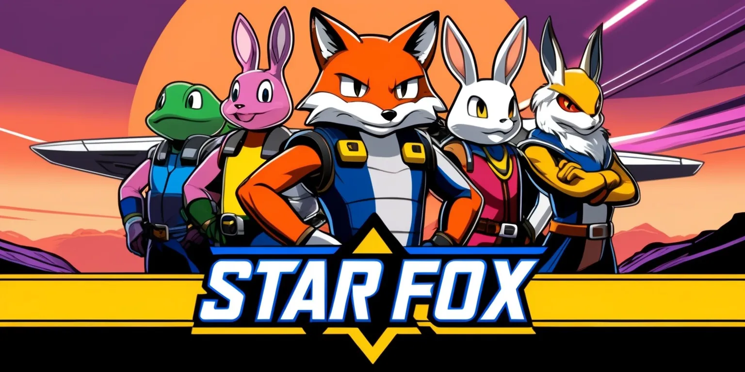A vibrant and dynamic illustration of the Star Fox team standing together in a sleek and futuristic setting, with Fox McCloud at the center, surrounded by his loyal companions Slippy Toad, Peppy Hare, and Falco Lombardi, each with unique facial features and distinctive attire, set against a stylized background of a distant planet with a warm orange and purple hue, featuring the iconic Arwing spaceship in the foreground, with bold lines, sharp angles, and a sense of action and adventure, blending sci-fi and fantasy elements in a digital art style, with the Star Fox logo prominently displayed in a metallic silver font with a blue and yellow outline.