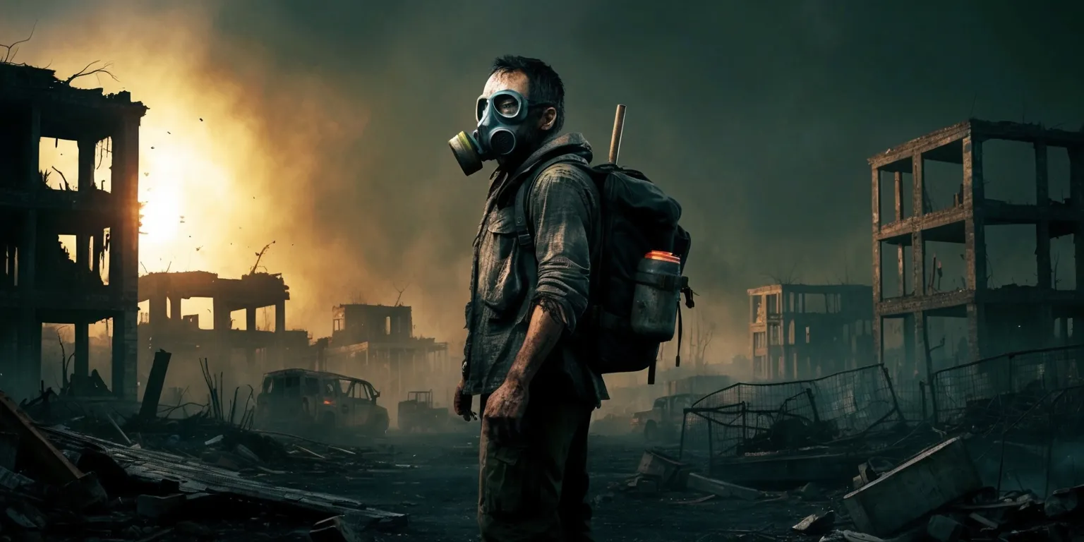 A dystopian scene depicting a post-apocalyptic world with a lone survivor standing in the midst of ruins, surrounded by abandoned buildings and debris, with a bleak and ominous atmosphere, the survivor wearing a gas mask, torn clothing, and carrying a backpack with essential supplies, set against a dark and gloomy backdrop with a hint of orange and yellow hues of a setting sun, the overall style is gritty and realistic with a focus on survival and desperation, the facial features of the survivor are worn and exhausted, with a determined look, the gas mask is old and worn, with scratches and scratches, the clothing is tattered and torn, with visible tears and holes.