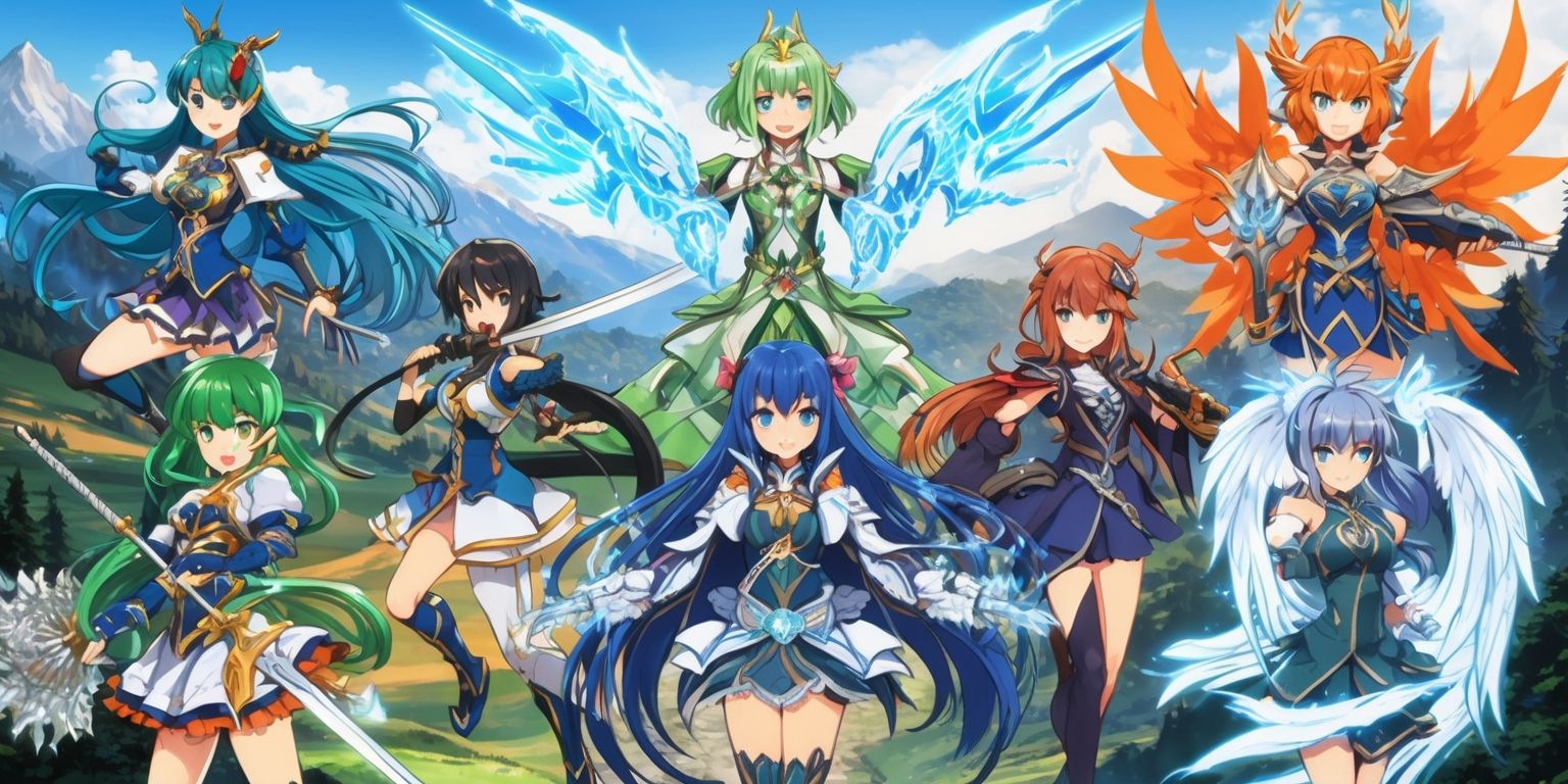 A detailed illustration of various Genshin Impact characters, showcasing their unique abilities, weapons, and elemental powers, with a vibrant color palette featuring shades of blue, green, and orange, set against a majestic fantasy landscape with rolling hills, towering mountains, and lush forests, each character rendered in a stylized anime-inspired style with intricate costume designs, facial expressions, and accessories, including Diluc's dawn winery attire, Kaeya's icy sword, and Venti's majestic wings, with bold lines, dynamic poses, and eye-catching visual effects, highlighting their distinct personalities and strengths, with a clean and organized layout, and a subtle gradient background that enhances the overall visual appeal.