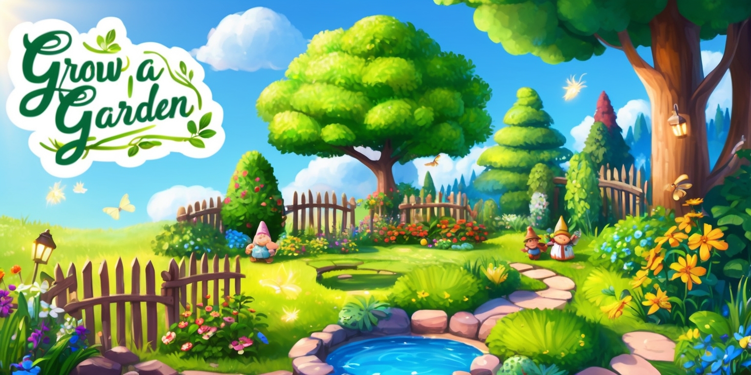 A vibrant illustration of a whimsical garden scene for the Grow a Garden game, with lush greenery, colorful flowers, and towering trees, set against a clear blue sky with puffy white clouds, featuring a variety of garden elements such as a wooden fence, a winding stone path, and a few garden gnomes, with a water feature like a small pond or fountain, incorporating a mix of realistic and fantastical elements, including sparkling fireflies and fluttering butterflies, with soft, warm lighting and gentle shading to create a sense of depth and dimensionality, and vibrant colors like emerald green, sky blue, and sunshine yellow to evoke a feeling of serenity and joy, with the game's logo, a stylized, cursive script with leaves and flowers, prominently displayed in the top left corner of the image.