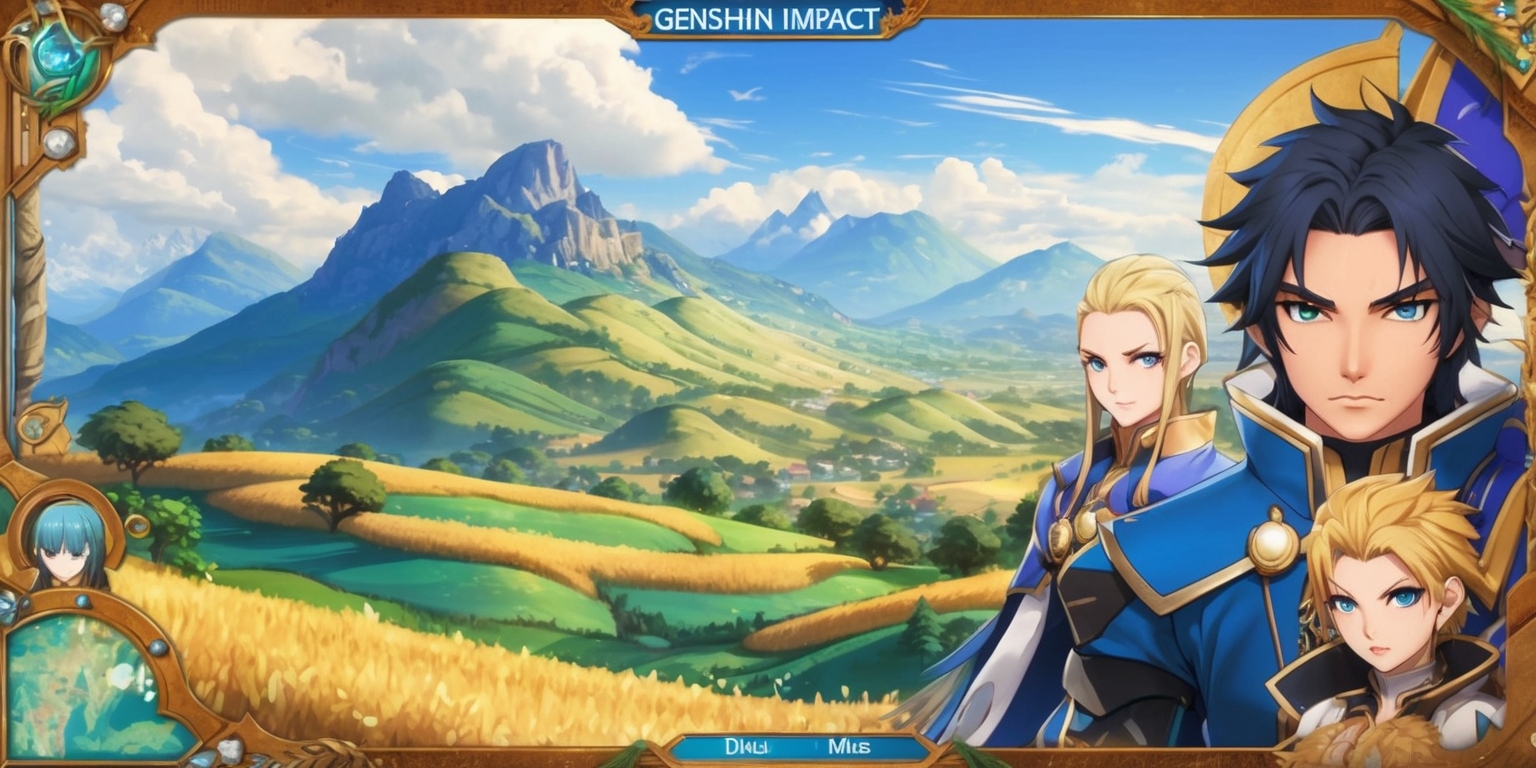 A vibrant and dynamic scene from the Genshin Impact game, featuring a stunning landscape with rolling hills, towering mountains, and vast skies, set against a warm and inviting color palette with shades of blue, green, and gold, with intricate details and textures, and a mix of realistic and stylized elements, including characters with unique facial features, skin tones, and outfits, such as Diluc with his sharp jawline, piercing eyes, and dark hair, and Kaeya with his pale skin, blond hair, and striking blue eyes, in a layout that showcases the game's distinctive style and aesthetics, with a focus on adventure, exploration, and fantasy elements, and incorporating subtle textures, lighting effects, and visual details that bring the scene to life.