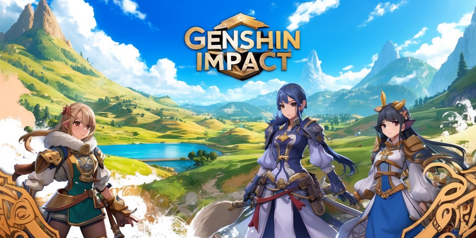 A vibrant and dynamic scene from the Genshin Impact game, featuring a breathtaking landscape with rolling hills, towering mountains, and serene water bodies, set against a brilliant blue sky with fluffy white clouds, with characters such as Diluc, Kaeya, and Lisa standing prominently in the foreground, each with their unique facial features, skin tones, and outfits, amidst intricate details and textures, with a mix of earthy tones, pastel colors, and metallic accents, and the game's iconic logo and typography elements subtly integrated into the composition, blending fantasy and adventure elements in a stunning visual representation of the game's world and characters.