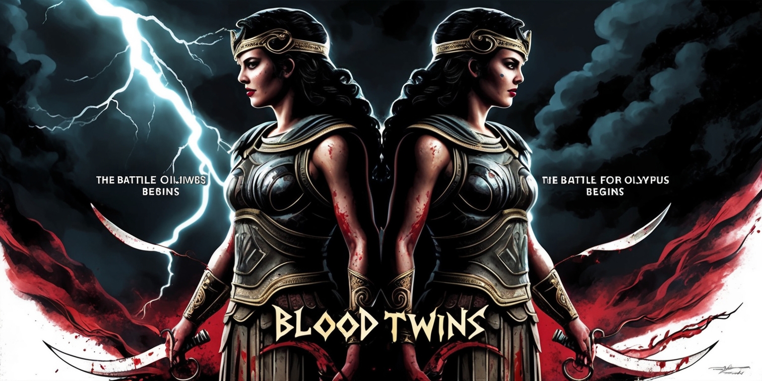 A dark, gritty, and mystical illustration of Athena, the Greek goddess of wisdom, standing back to back with her identical twin counterpart, both adorned in ancient Greek armor and wielding intricately designed, blood-stained weapons, set against a ominous, stormy background with flashes of lightning illuminating the dark clouds, highlighting the twins' contrasting auras, one radiant with wisdom and the other shrouded in darkness, with subtle, eerie, crimson accents throughout the image, evoking the sense of foreboding and ancient mysticism, with bold lines, intense shading, and vivid, vibrant colors, reminiscent of a comic book or graphic novel, with the title Blood Twins emblazoned in bold, gothic, metallic letters across the top, and the tagline The Battle for Olympus Begins etched in smaller, cursive script at the bottom, in a bold, dynamic composition that exudes tension, power, and ancient mythology.