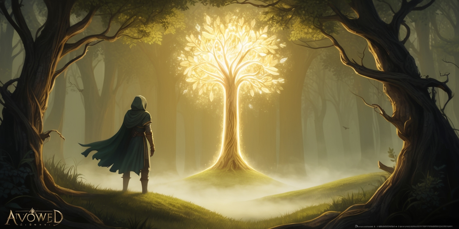 A serene and mystical illustration of a medieval-inspired forest, set in the world of Avowed, a fantasy action role-playing game. In the center, a lone, hooded figure stands atop a grassy knoll, gazing upwards at a radiant, glowing tree with ethereal, pulsing leaves. The atmosphere is tranquil, with warm, golden lighting casting long shadows across the misty forest floor. The color palette is rich and earthy, with shades of olive green, moss, and weathered wood. The illustration style is a mix of realistic and fantastical, with intricate textures and details. The composition is symmetrical, with the glowing tree and the figure forming a central axis, surrounded by lush foliage and twisted branches. The overall mood is one of contemplation and wonder.