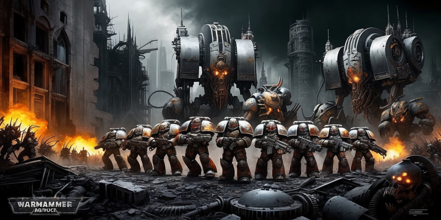 A dramatic, futuristic, and grimy illustration of a intense battle scene from the Warhammer 40,000 universe, set in a ravaged, industrial cityscape with destroyed buildings, crumbling concrete, and twisted metal wreckage, illuminated by flashes of orange and yellow from explosions, with a dark, foreboding atmosphere, dominated by dark greys, blacks, and metallic silvers, with hints of red and orange from the glowing eyes of cybernetic enemies, featuring a squad of gritty, heavily armored Space Marines, each with distinct, gruesome scarification and worn, battered power armor, standing proudly amidst the chaos, surrounded by a sea of twisted, mutated Chaos cultists and towering, imposing Daemon Engines, with intricate, Gothic-inspired architecture and machinery looming in the background, set against a dark, smoky, and polluted sky.