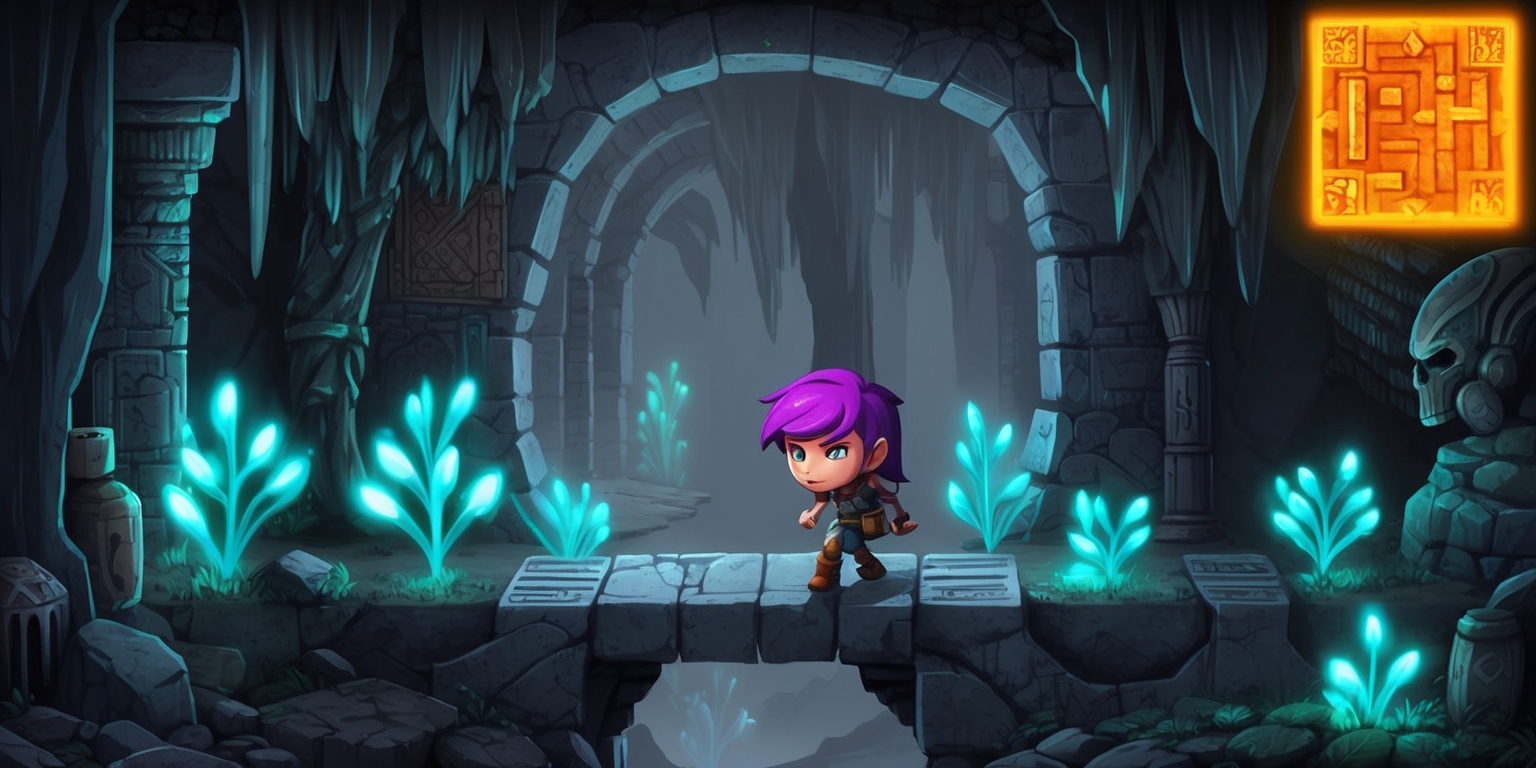 A mystical and ancient world with ruined architecture and mysterious atmosphere, set in a side-scrolling Metroidvania platformer game, featuring a lone protagonist with determined facial expression and vibrant purple hair, navigating through a labyrinthine cave system with glowing blue bioluminescent plants, and ominous dark grey mist, with intricate stone carvings and ancient runes etched into the walls, and a faint hint of a glowing orange map in the top right corner of the screen, showcasing the game's layout and progression, with a mix of futuristic and medieval elements, and a sense of depth and exploration, all rendered in a stunning pixel art style with a color palette that blends earthy tones with vibrant accents.
