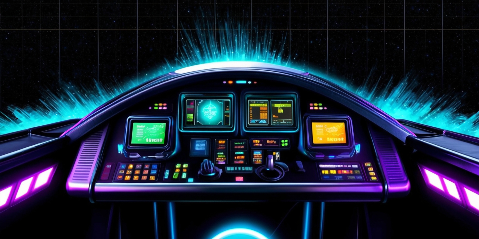 A futuristic, neon-lit spaceship cockpit scene inspired by the popular video game FTL: Faster Than Light, with a sleek, metallic dashboard featuring a series of buttons, levers, and holographic screens displaying vital ship information, set against a starry, inky black background with a subtle grid pattern, evoking a sense of depth and space exploration, with bursts of bright, vibrant colors from the console lights and engine thrusters, and a faint blue glow emanating from the ship's core, capturing the essence of frantic decision-making and strategic spacefaring.