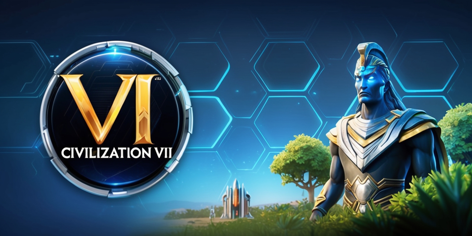 A vibrant, futuristic illustration of the Civilization VII game, set against a dark blue background with subtle, glowing hexagonal patterns, reminiscent of a futuristic map. In the foreground, a sleek, silver, and gold accents adorned stone statue of a majestic, ancient leader, with piercing blue eyes and a strong, determined facial expression, stands proudly, surrounded by lush greenery and a few gleaming, metallic structures. In the top-left corner, the game's logo, a stylized, golden roman numeral VII with bold, modern fonts, is emblazoned against a circular, metallic badge with a subtle, gradient effect. The overall style blends ancient history with futuristic, sci-fi elements, evoking a sense of grandeur, exploration, and strategic conquest.