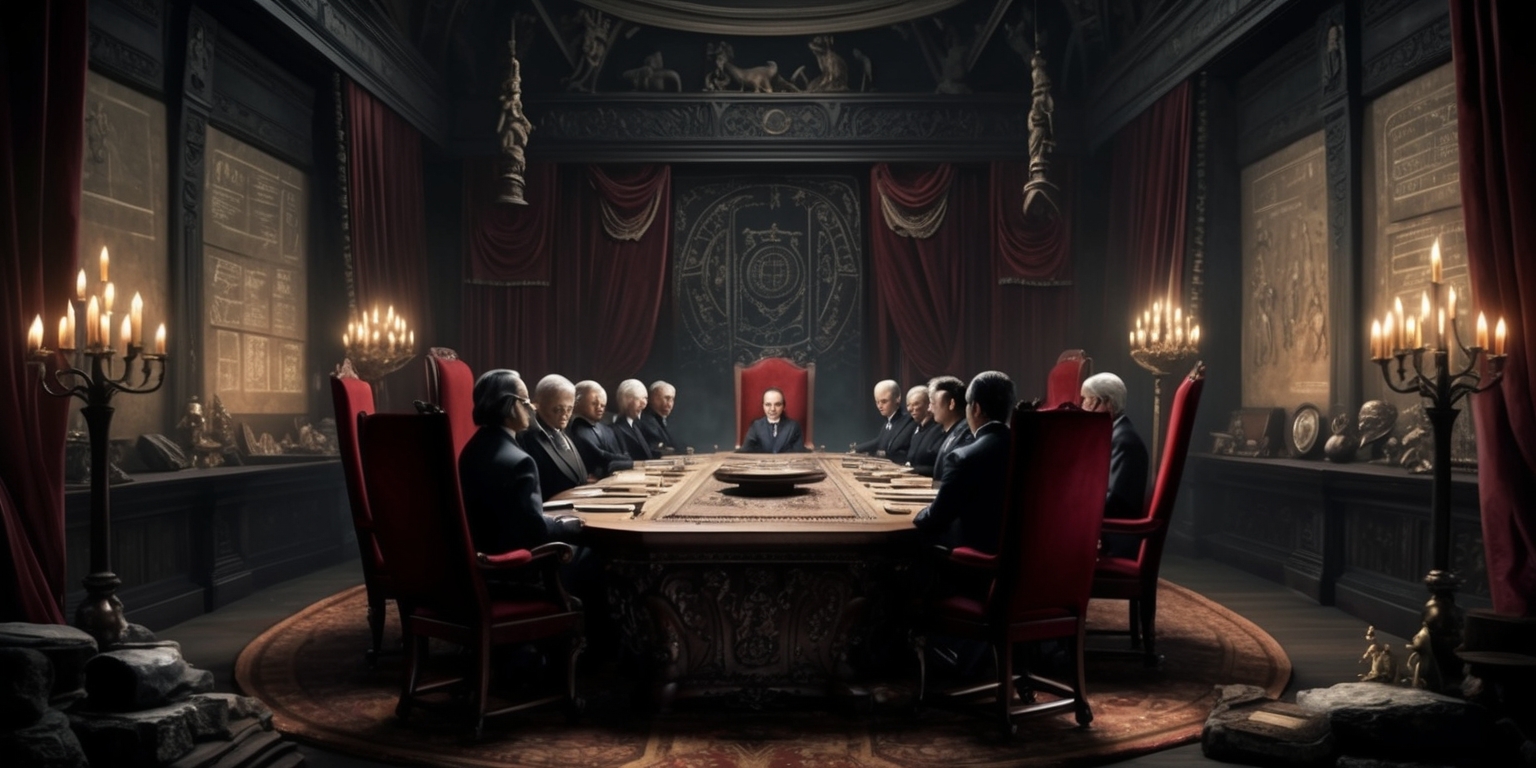 A mysterious, dimly lit, ornate chamber filled with ancient artifacts and mysterious relics, serving as the secret lair of an elite society, adorned with subtle, cryptic symbols and murals depicting forgotten knowledge, amidst a backdrop of rich, dark wood paneling and velvet drapes, with a large, intricately carved wooden table at the center, surrounded by high-backed, ornate chairs, where members of the society gather to discuss their clandestine plans, shrouded in shadows, illuminated only by flickering candelabras, conveying an atmosphere of mystique, sophistication, and foreboding.
