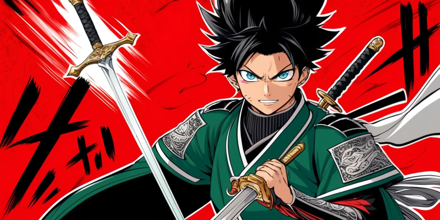 A dynamic illustration of Tanjiro Kamado, the main protagonist of the Demon Slayer manga series, standing courageously with his Nichirin sword at the ready, set against a bold, fiery red background that evokes a sense of intense action and drama. Tanjiro's facial features are prominently showcased, with his determined expression, bright blue eyes, and sharp jawline. His dark hair is depicted in a stylish, spiky manner, with a few loose strands framing his face. He wears his signature green and black uniform, adorned with intricate designs and patterns that reflect his strong sense of justice. The overall art style blends traditional Japanese motifs with modern, vibrant colors, reminiscent of the iconic manga illustrations by Koyoharu Gotoge. The composition is deliberately asymmetrical, with bold lines and expressive brushstrokes that convey the intensity and energy of the Demon Slayer universe.