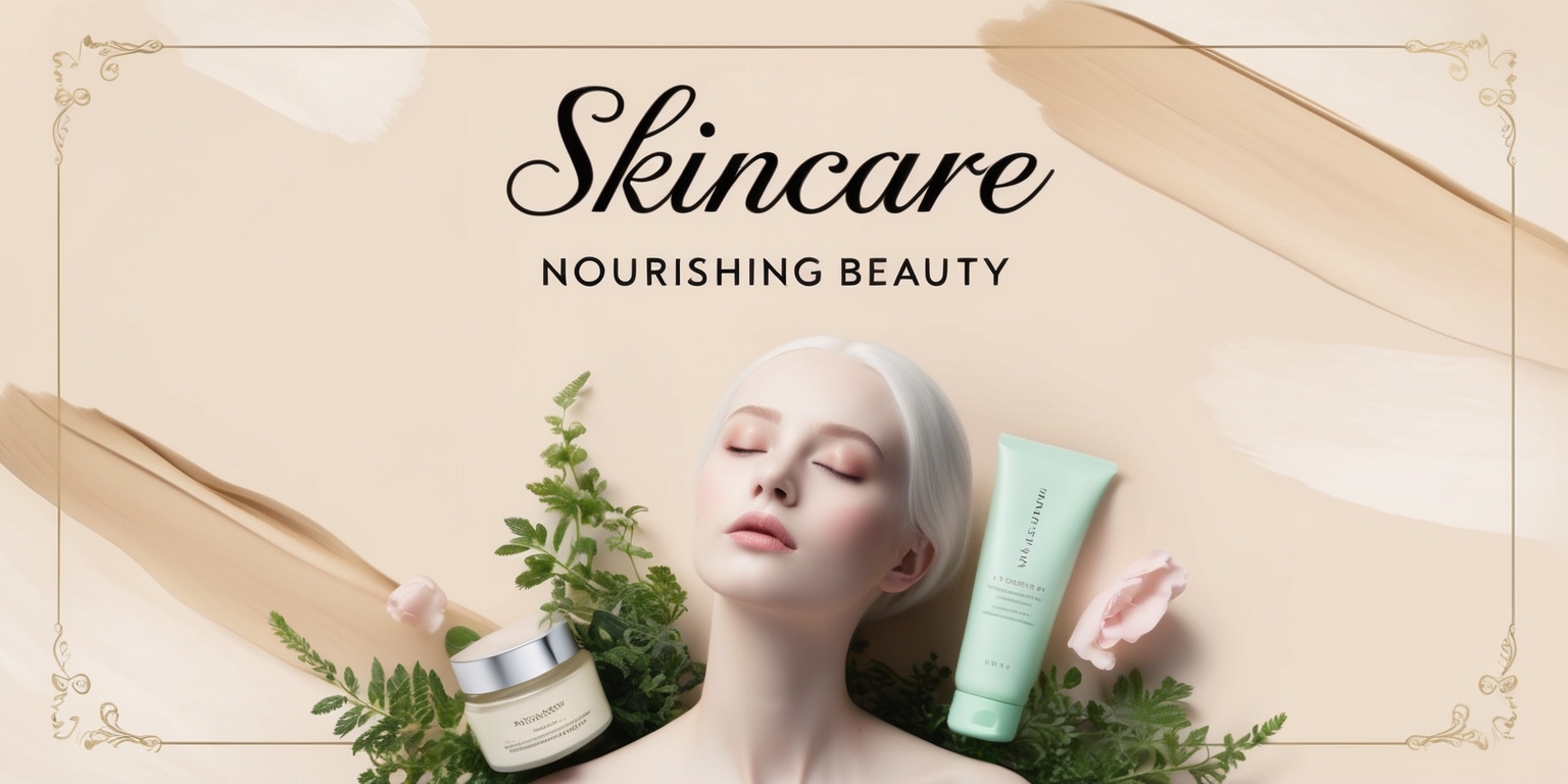 A serene, minimalist film poster for a fictional Skincare Movie set against a soft, calming beige background, with gentle, fluid brushstrokes reminiscent of watercolor painting. In the foreground, a delicate, porcelain-skinned woman with long, luscious hair and subtle, natural makeup gazes upwards, her eyes closed in relaxation, surrounded by lush greenery and a few strategically placed skincare products, such as a glass jar of moisturizer, a tube of face cream, and a gentle, rose-petal infused exfoliating gloves, all in soft, pastel hues. The title Skincare is emblazoned across the top of the poster in elegant, cursive script, with the subtitle Nourishing Beauty written in smaller, yet still stylish, sans-serif font below, while the entire composition is framed by a thin, ornate border, suggesting a vintage, cinematic feel.