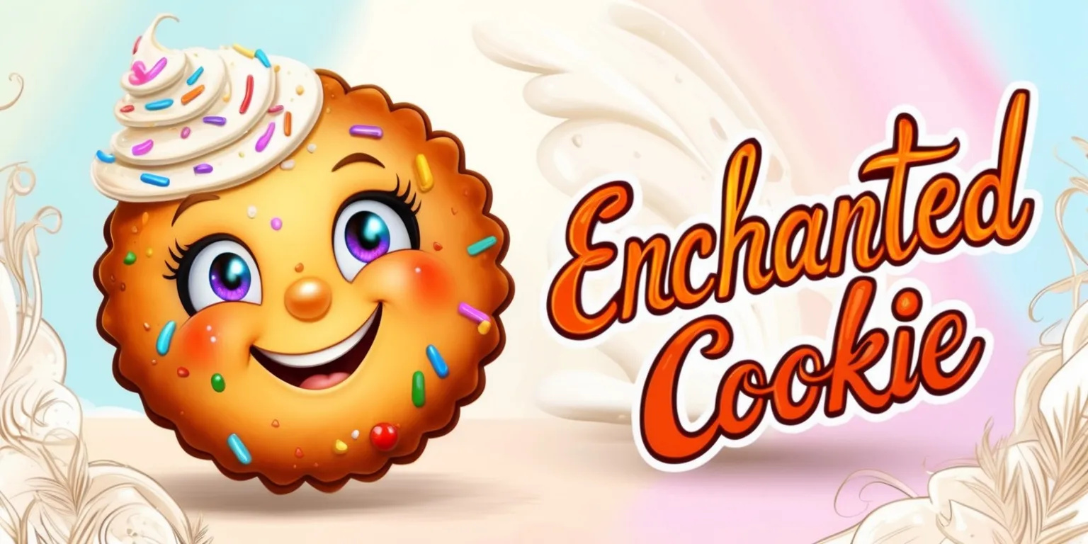 Enchanted Cookie game character, a whimsical digital illustration of a smiling cartoon cookie with bright, shimmering eyes and a warm, golden brown complexion, adorned with colorful sprinkles and a delicate, swirling pattern of frosting on its head, set against a soft, pastel background with subtle, creamy textures, with bold, cursive text reading Enchanted Cookie in a curly, sugar-coated font next to the character, and intricate, hand-drawn details throughout the scene, blending fantasy and reality in a captivating, dreamlike atmosphere.