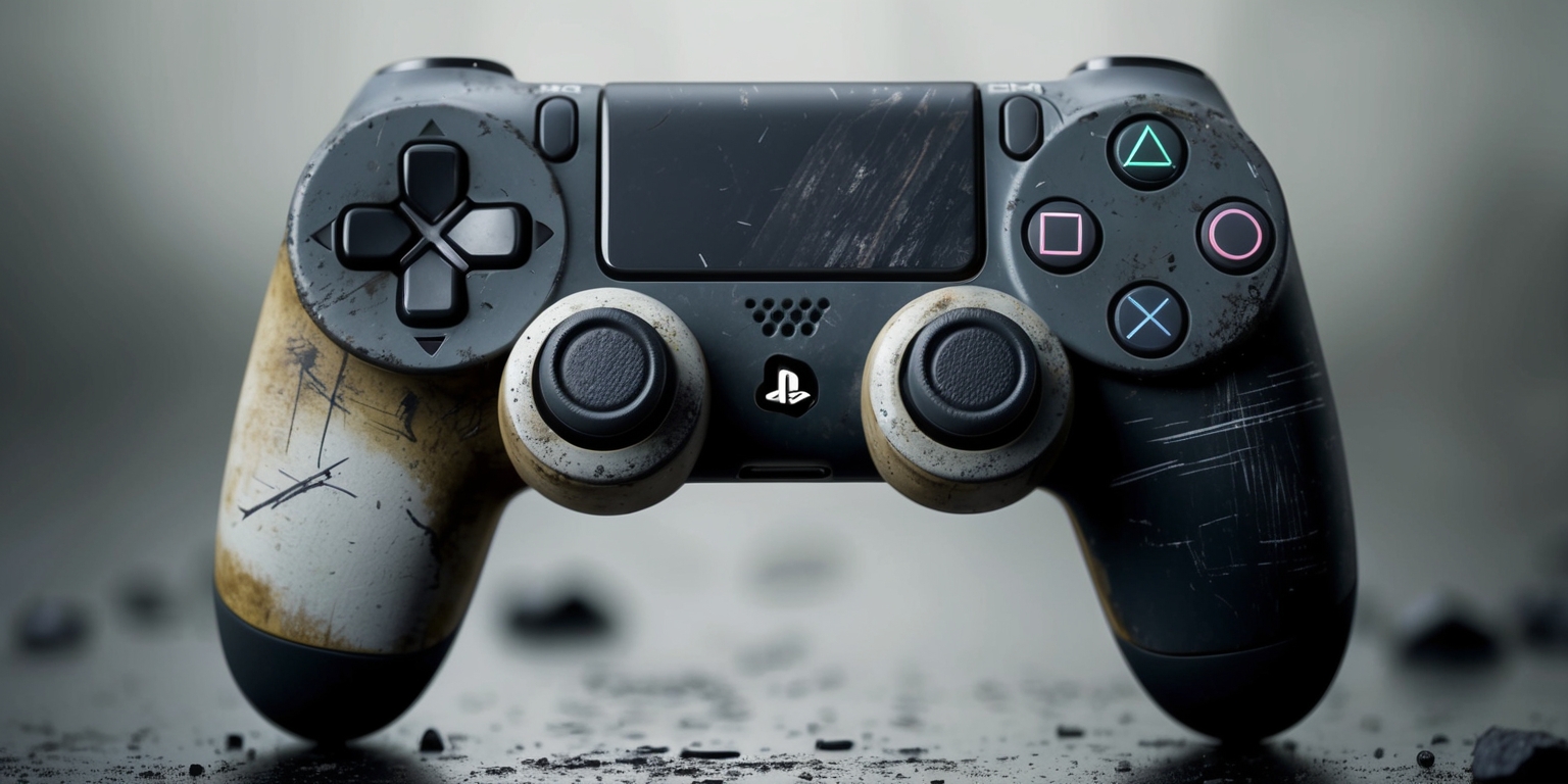 A realistically rendered, high-detailed game controller inspired by the post-apocalyptic world of The Last of Us, with a worn, battle-worn aesthetic, featuring a combination of matte and glossy finishes, subtle scratches, and minor signs of wear and tear, with the controller's original color scheme, primarily consisting of a mixture of dark grays, blacks, and whites, perhaps with subtle earthy tones, showcasing the iconic PlayStation logo and buttons in a sleek, modern font, with a faint, gritty texture giving it a sense of tangible realism, set against a blurred, muted background that evokes a sense of desolation and abandonment.