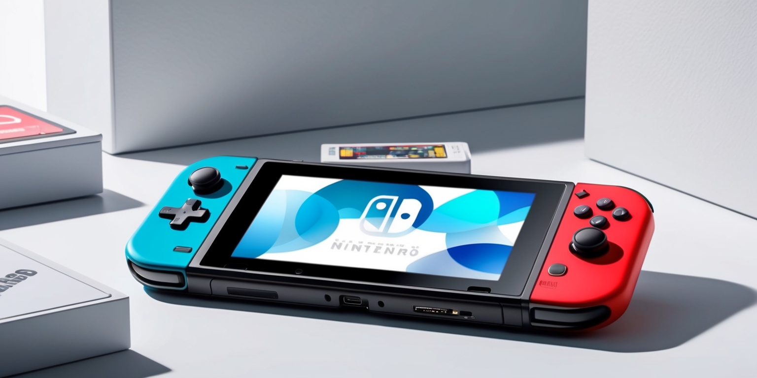 A sleek and modern Nintendo handheld console with a vibrant color scheme, possibly featuring a combination of Nintendo's signature red and blue hues, is placed on a clean and minimalist background, with the console's screen displaying a iconic Nintendo game, the device's design showcasing a balance between retro elements and futuristic lines, its buttons and controls meticulously crafted for optimal gaming experience, the console's logo prominently displayed in a bold, white, sans-serif font, with a subtle gradient effect, and a few carefully selected games or accessories surrounding the console to highlight its backward compatibility and technical capabilities.