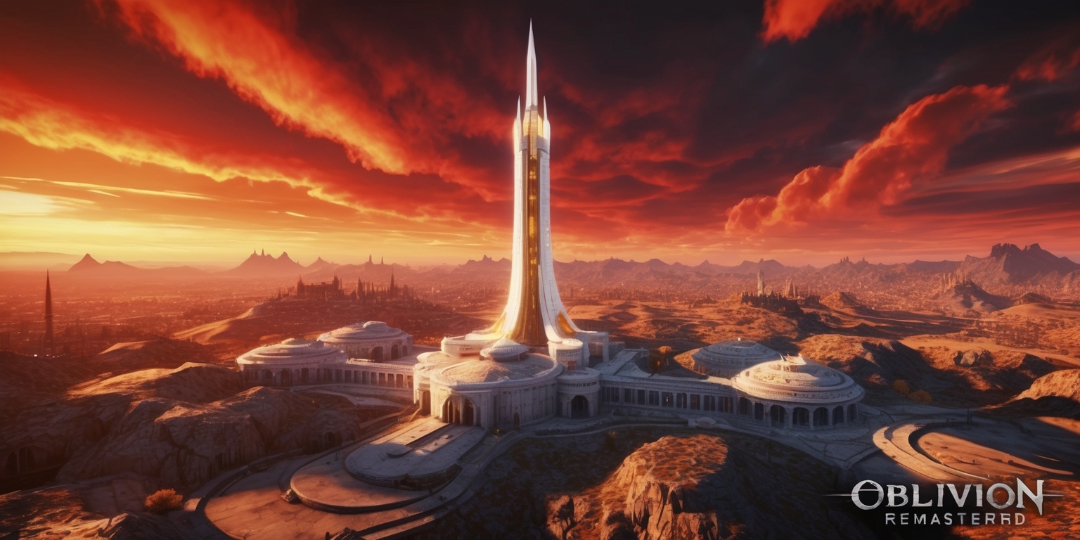 A majestic, futuristic sprawling cityscape of Cyrodiil, the capital province of the Tamriel continent, set against a breathtaking, vibrant orange and crimson sunset sky, with the iconicwhite-stone architecture of the Imperial City, including the impressive White-Gold Tower, illuminated by warm golden light, as seen in the Oblivion Remastered game, with intricate, detailed textures and realistic, atmospheric lighting, evoking a sense of wonder and adventure, with hints of ancient mysticism and forgotten lore, in a highly detailed, photorealistic art style, with a cinematic, widescreen composition, and a subtle sense of depth and scale, inviting the viewer to explore the vast, expansive world of Oblivion.