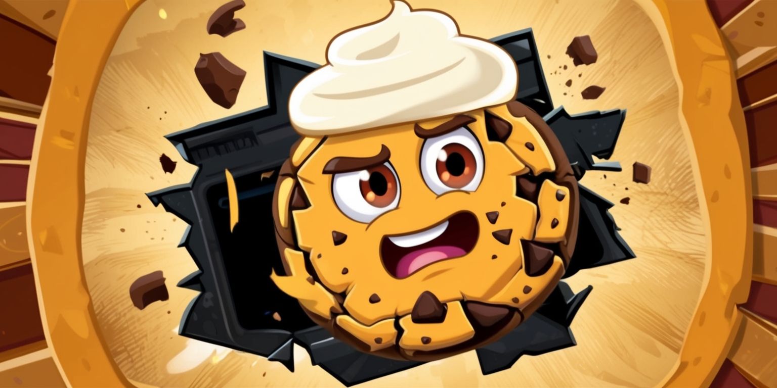 Cookie Run game character OvenSmash, a cartoonish cookie with a determined expression, vibrant brown eyes, and a creamy white frosting hat, set against a warm and inviting background with a mix of golden brown and beige tones, with bold lines and textures, in a dynamic pose with OvenSmash's cookie body cracked and broken, surrounded by shattered oven fragments, with a bright and colorful art style reminiscent of the Cookie Run universe, emphasizing the character's playful and adventurous personality, with OvenSmash's facial features accentuated by a few crumbs and a hint of chocolate chips on their forehead.