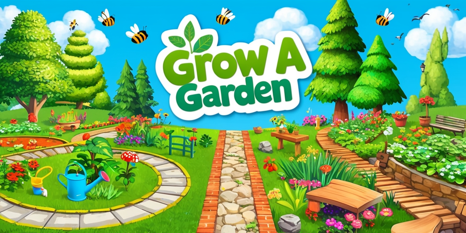 A vibrant and colorful illustration of a whimsical garden scene for the Grow a Garden game, featuring a variety of lush green plants, blooming flowers, and towering trees, with a bright blue sky and fluffy white clouds in the background, and a few friendly garden creatures such as bees and butterflies flying around, surrounded by garden tools and accessories like watering cans, rakes, and gardening gloves, with a mix of straight and curved pathways made of stone, wood, and brick, and a few garden benches and decorative statues scattered throughout, with the game's logo prominently displayed in a bold, playful font with green and blue letters and a leafy design.