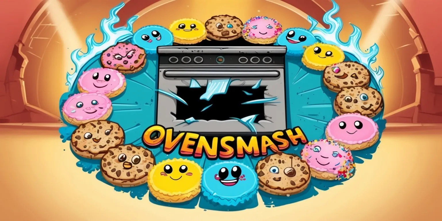 A vibrant and dynamic illustration of the Cookie Run OvenSmash game, featuring a variety of colorful cookies with distinct facial expressions and unique attributes, set against a warm and inviting background with soft golden lighting, the cookies are arranged in a circular formation surrounding a large oven with a smashed door, the overall style is reminiscent of a fantasy cartoon with bold lines and textures, the color palette is bright and pastel with shades of pink, blue, and yellow, the cookies have intricate details such as icing and sprinkles, and the oven has a distressed texture with smoke and flames emanating from it.