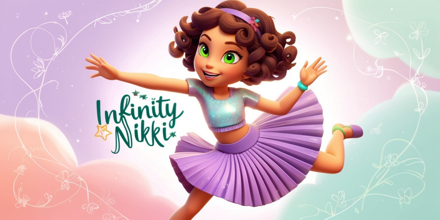 A whimsical illustration of the protagonist Nikki from the Infinity Nikki game, set against a dreamy, soft-focus background with pastel hues of lavender, peach, and mint green. Nikki is depicted in a playful, dynamic pose, with her signature curly brown hair and bright, expressive green eyes. She wears a flowing, pleated skirt and a cropped top with a subtle sparkle effect, evoking a sense of magic and wonder. The entire scene is adorned with delicate, swirling patterns reminiscent of clouds, flowers, and stars, adding to the enchanting atmosphere. The Infinity Nikki logo, in a cursive, handwritten font with a star symbol incorporated into the design, is subtly integrated into the composition, perhaps as a brooch on Nikki's outfit or as a decorative element in the background.