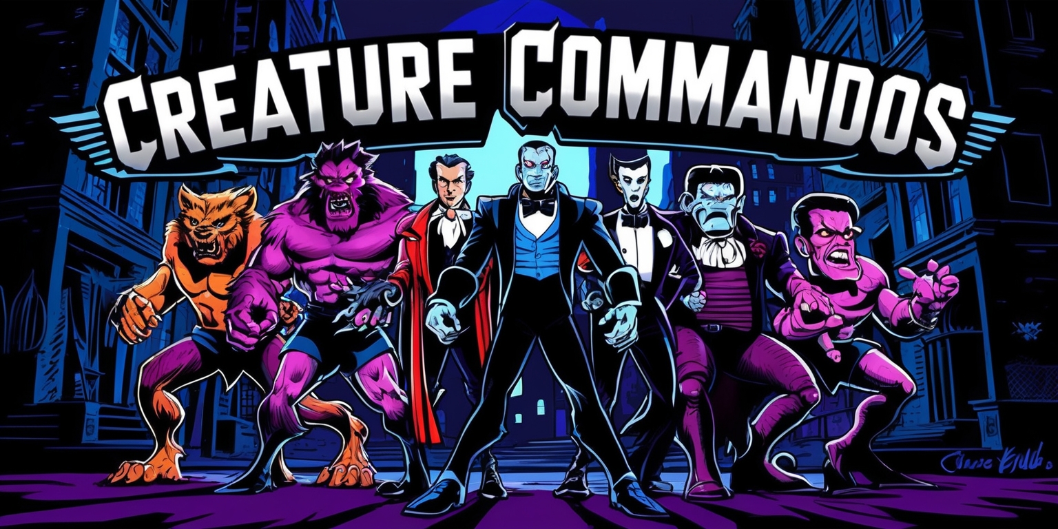 A vibrant, stylized illustration depicting the Creature Commandos series, featuring a diverse group of monstrous heroes standing together in a bold, dynamic pose, set against a dark, moodily-lit urban cityscape at dusk, with bold lines, expressive textures, and a predominantly dark blue and purple color palette, reminiscent of a classic comic book cover, with unique, exaggerated character designs, such as the werewolf's sharp facial features and snarling expression, the vampire's piercing eyes and aristocratic posture, and the Frankenstein's monster-inspired character's imposing physique and lumbering gait, each with distinctive skin tones and attire, surrounded by subtle, glow-in-the-dark details, with the series' logo emblazoned prominently in bold, metallic silver font, adorned with subtle, cryptic symbols and markings.