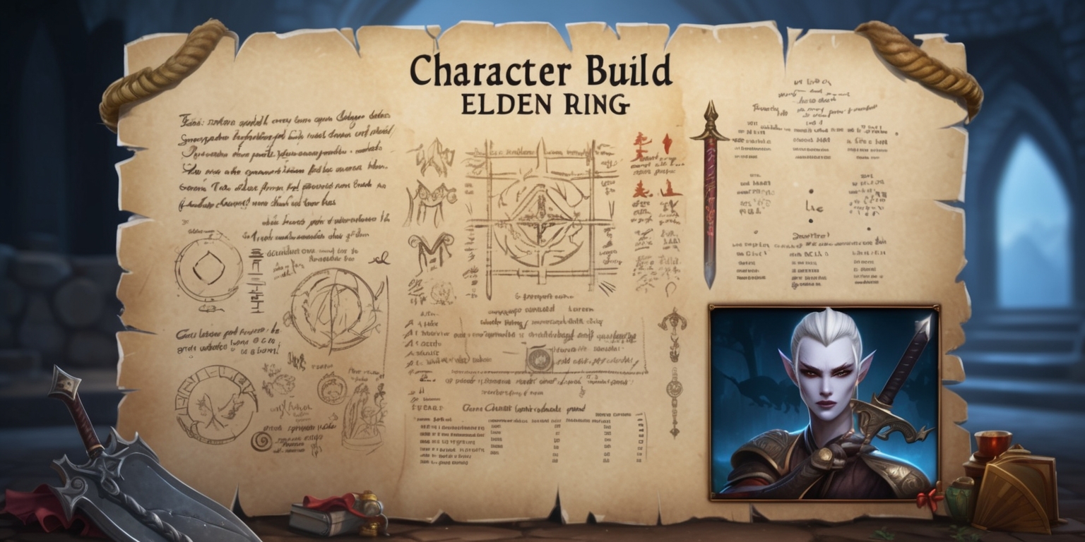 A detailed illustration of a character build guide for the game Elden Ring, featuring a large parchment or stone tablet with intricate drawings and notes written in a medieval-style calligraphy, with a dark fantasy aesthetic and muted earthy colors such as beige, brown, and grey, set against a blurred background of a dimly lit castle or dungeon, with a few subtle hints of magical blue and red accents, and including various symbols, diagrams, and statistics, with a few scattered weapons, armor pieces, and other loot items nearby, and a small inset image of a character with pale skin, sharp facial features, and a unique hairstyle, wielding a sword and shield with a determined expression, all rendered in a highly detailed and realistic style with bold lines and subtle textures.