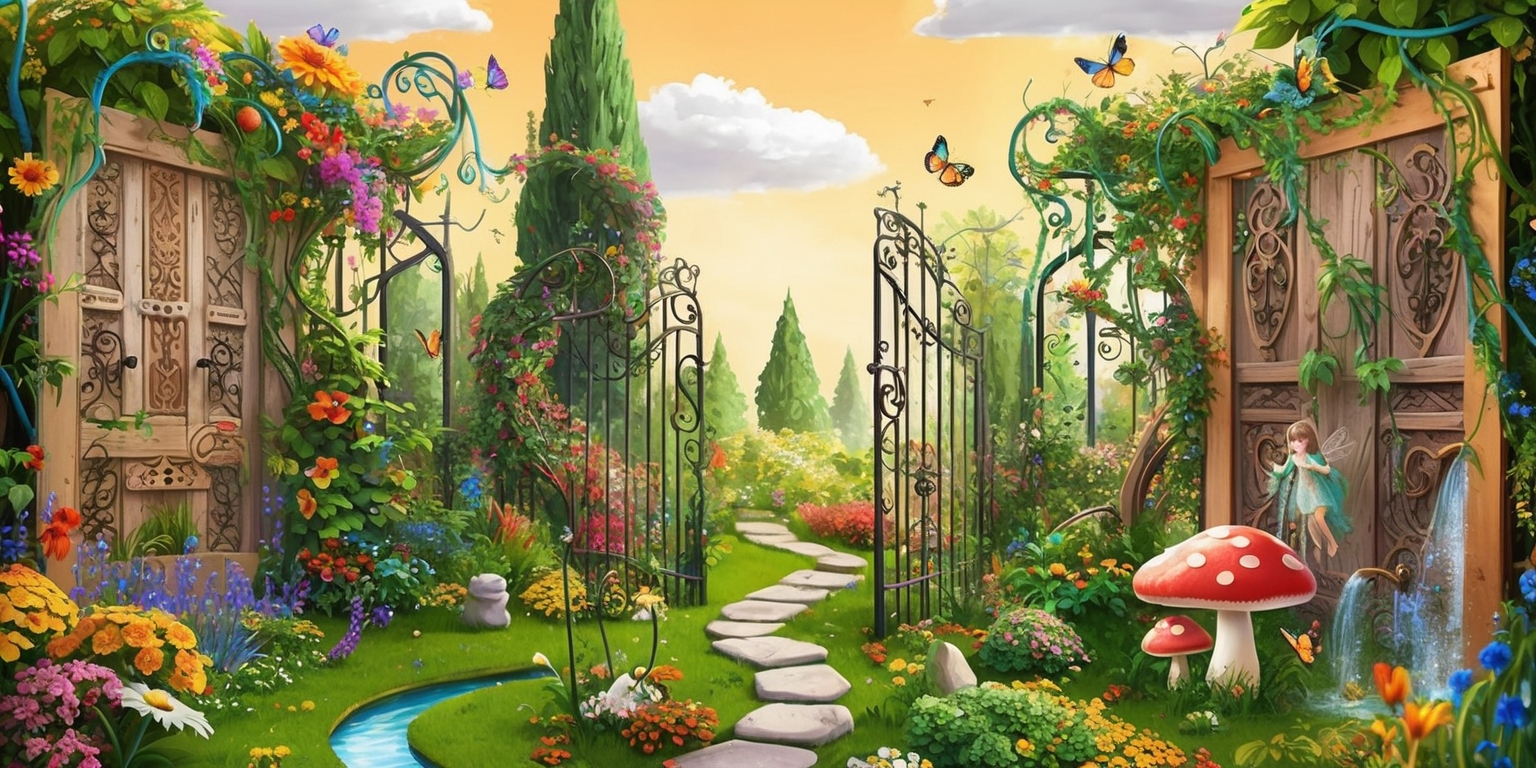 A whimsical illustration of a fantastical garden, set against a warm, sunny backdrop with fluffy white clouds, where colorful flowers, towering trees, and winding vines are intertwined with intricately designed wooden boards and ornate metal gates, all overflowing with lush greenery, vibrant blooms, and delicate water features, as if a magical world has been brought to life, with game pieces and playful elements, such as a winding stone path, a miniature bridge, and a delicate fairy perched upon a toadstool, surrounded by fluttering butterflies and buzzing bees, in a mix of realistic and stylized detail, with bold brushstrokes and textures, evoking a sense of wonder and enchantment, inviting the viewer to step into the Grow a Garden game and start nurturing their own vibrant world.