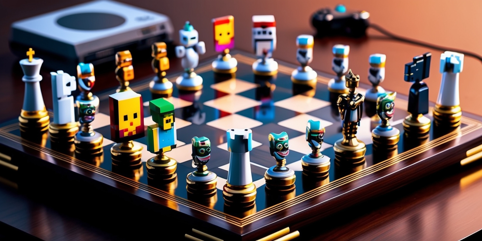 A detailed illustration of a video game-themed chess set, featuring intricately designed pieces inspired by popular gaming characters, with a mix of bright and muted colors, set against a dark wooden board with golden accents, the chess pieces themselves are made of polished ceramic and metal, with each character uniquely crafted to represent traditional chess pieces, such as a pixelated king, a robotic queen, and a knight resembling a character from a fantasy role-playing game, the background is a blurred image of a gaming console and accessories, with the chess set placed prominently in the center, the overall style is a blend of modern and retro elements, with bold lines and subtle textures, the lighting is soft and warm, highlighting the intricate details of the chess pieces.