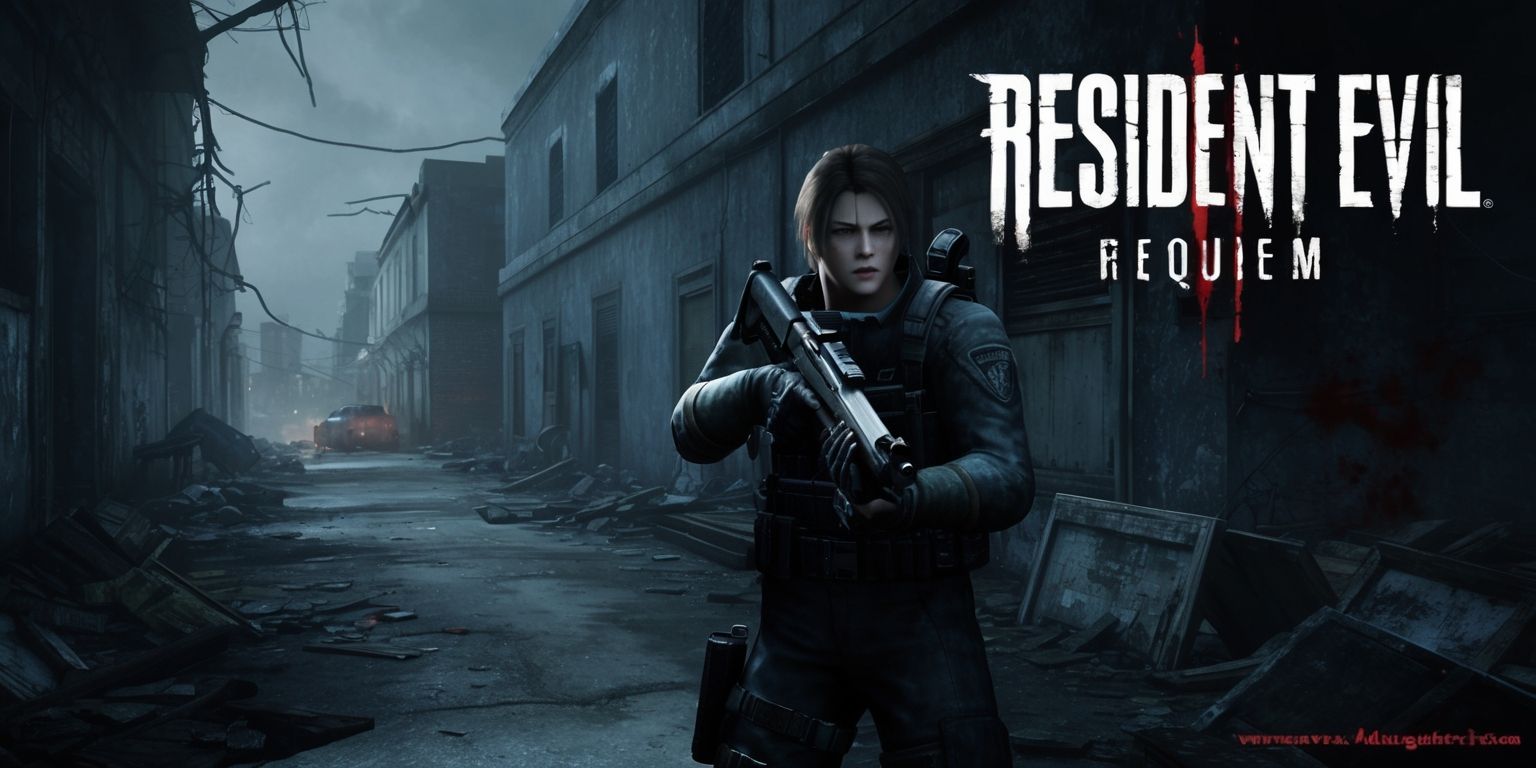 A dark and ominous video game scene from Resident Evil Requiem, featuring a haunting atmosphere with muted colors, specifically shades of dark grey, blue, and purple, and eerie lighting, with a sense of foreboding and tension, set in a grimy, rundown urban environment, possibly with abandoned streets, shattered windows, and debris-filled alleys, and in the foreground, a character, likely Chris Redfield or Jill Valentine, dressed in tactical gear, with a determined expression, holding a gun, and ready to face the horrors that lurk in the shadows, with a subtle focus on the game's logo, possibly in a bold, gothic font, and a hint of blood and gore in the background, all blending together to create a thrilling and intense visual representation of the game's dark and suspenseful world.