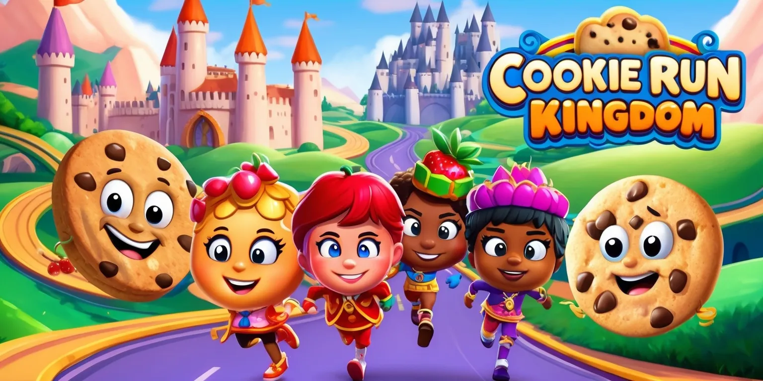 A vibrant and colorful digital illustration of the Cookie Run Kingdom game, featuring a variety of cookie characters with distinct facial features and vibrant outfits, set against a bustling kingdom backdrop with rolling hills, towering castles, and winding roads, with a warm and inviting color palette, intricate details, and a sense of excitement and adventure, including cookies with different skin tones and unique attributes, such as Pure Vanilla Cookie, Strawberry Cookie, and Mint Choco Chip Cookie, with the game's logo prominently displayed in a bold, curved font with bright colors and a decorative design.
